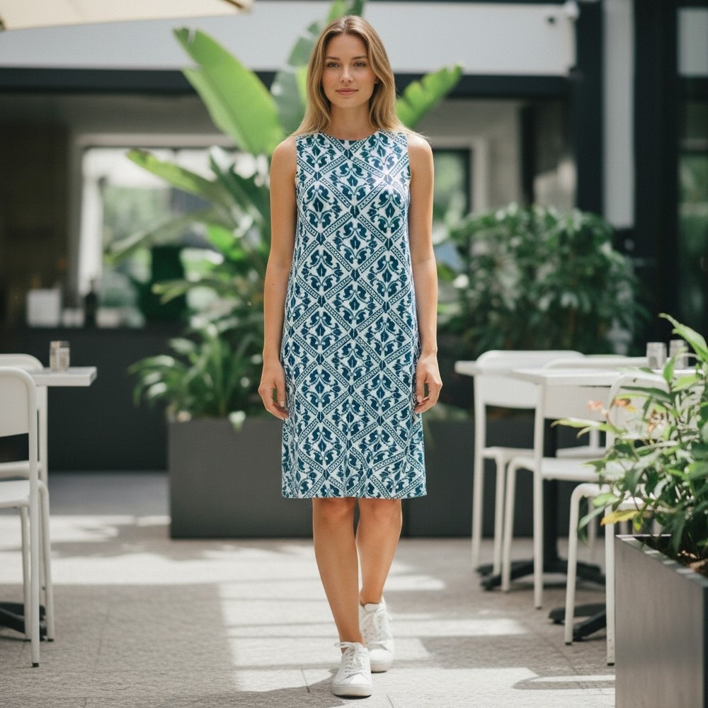 All For Color Womens Blue White Geometric Damask Tile Print Shift Dress Size M